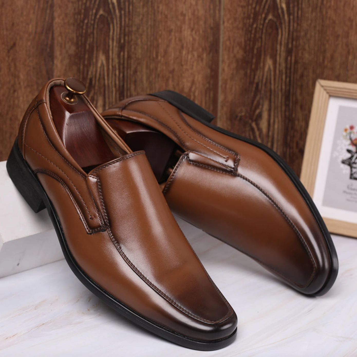 Men’s Formal Leather Dress Shoes – Light-Colored Waterproof Slip-On Business Shoes for Autumn