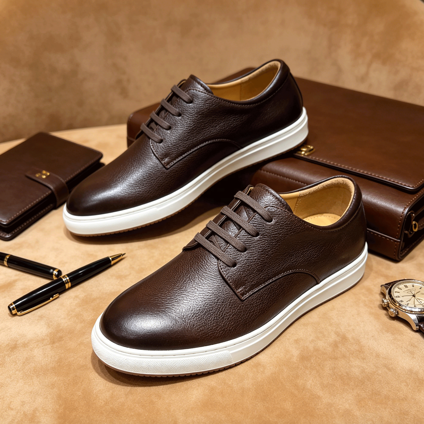 Men’s Cowhide Leather Dress Sneakers – Business Casual Office Shoes for Walking & Everyday Comfort